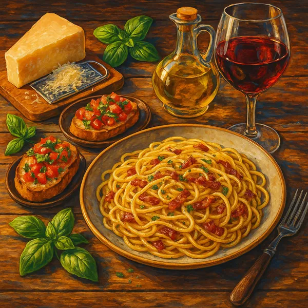 Try solving a puzzle that shows a cozy Italian dinner spread with a steaming plate of spaghetti, tomato-topped bruschetta, fresh basil, a wedge of Parmesan, a b