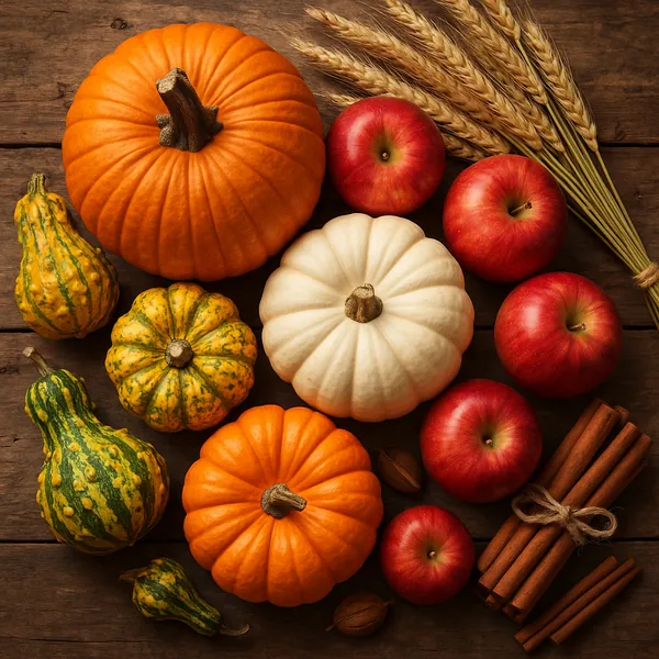 Discover a puzzle with a cozy autumn harvest arrangement: a top-down still life of bright orange and creamy white pumpkins, variegated gourds, glossy red apples