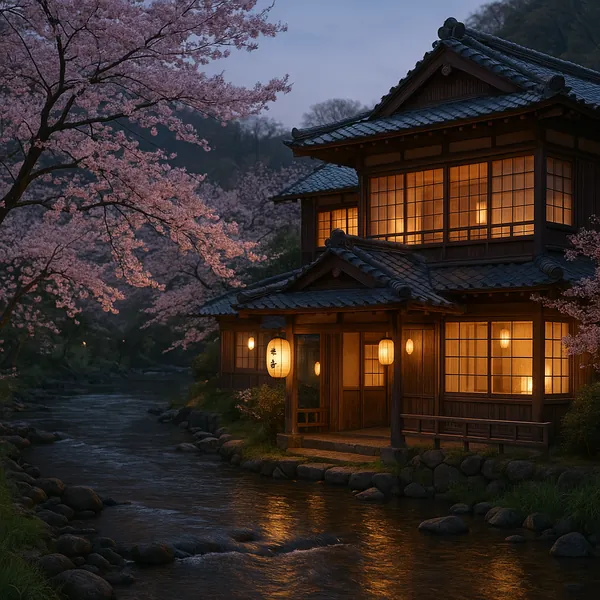 Enjoy assembling a puzzle depicting a tranquil riverside scene with a traditional wooden Japanese house softly lit from within, its warm lantern glow reflecting