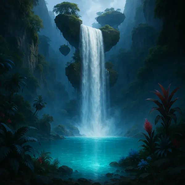 Discover a puzzle with a magical waterfall cascading from floating rock islands into a glowing turquoise pool, set deep within a lush, misty jungle.