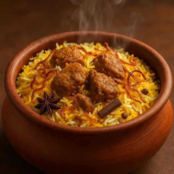 Discover a puzzle with a steaming clay pot of aromatic biryani piled high with fluffy yellow-and-white basmati rice, tender spiced meatballs, crispy fried onion
