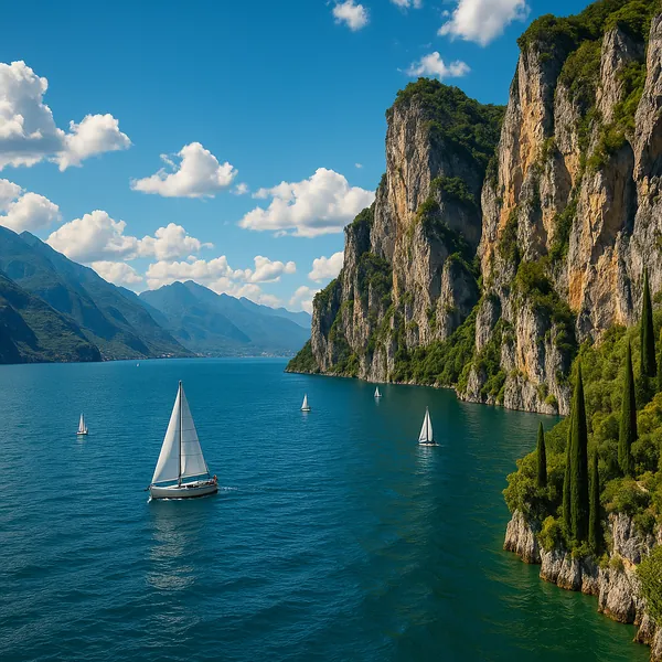 Enjoy assembling a puzzle depicting a serene coastal scene with white sailboats drifting on deep turquoise waters beneath a bright blue sky dotted with fluffy c