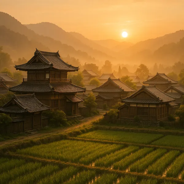 We invite you to assemble a puzzle featuring a tranquil traditional village at sunrise, with tiered wooden roofs and misty mountains glowing in warm golden ligh