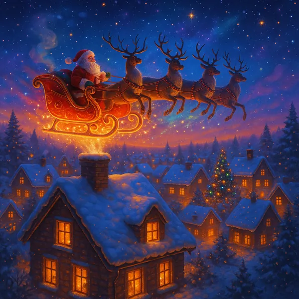 This image captures a magical Christmas scene with Santa's sleigh, led by reindeer, gracefully landing on a snow-covered village rooftop.
