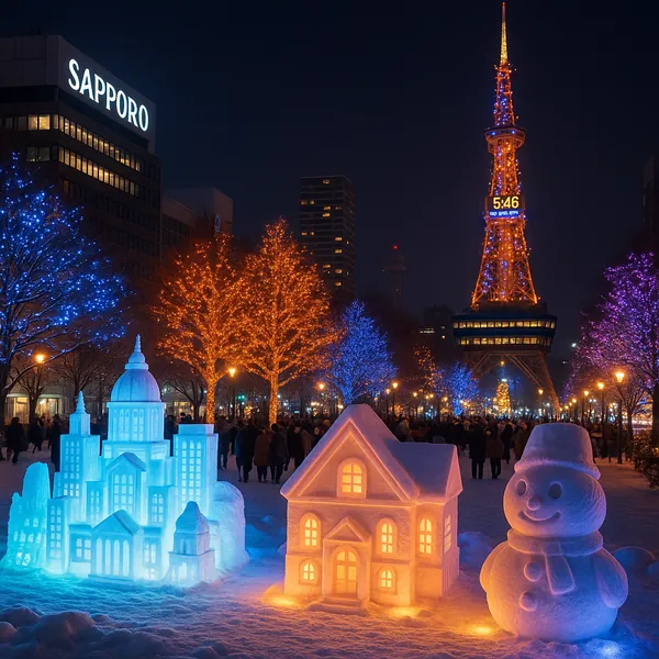 Discover a puzzle with a magical winter night in Sapporo, featuring glowing snow sculptures—a blue-lit miniature city, a warm orange house, and a cheerful snowm