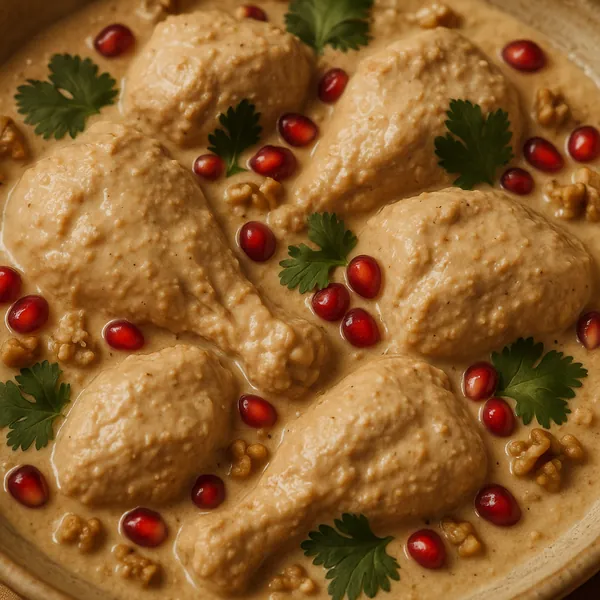 Discover a puzzle with a close-up of chicken drumsticks bathed in a silky, creamy beige sauce, dotted with glossy pomegranate seeds, walnut pieces, and fresh gr