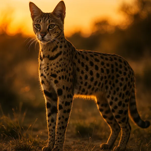 Discover a puzzle featuring an elegant serval bathed in golden sunset light, its sleek spotted coat and curious gaze framed by warm amber and deep ochre tones.