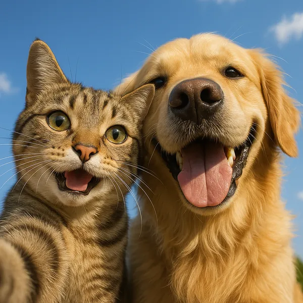 Discover a puzzle with an adorable close-up of a smiling golden retriever and a curious tabby cat against a clear blue sky — warm golden and brown fur tones, br