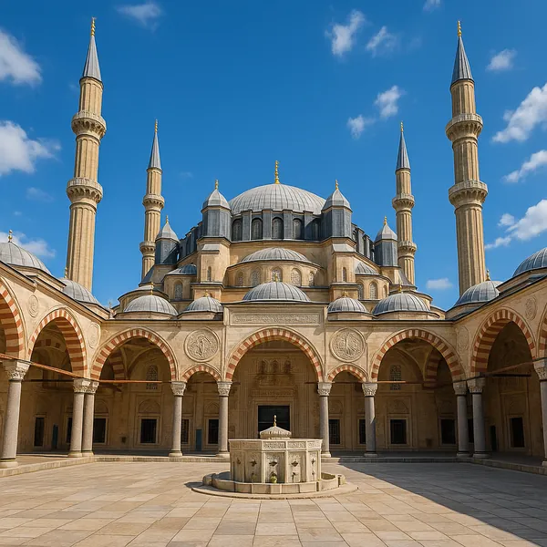 Discover a puzzle with a sunlit mosque courtyard framed by graceful arches, ornate domes, and towering minarets against a clear blue sky — a striking blend of w