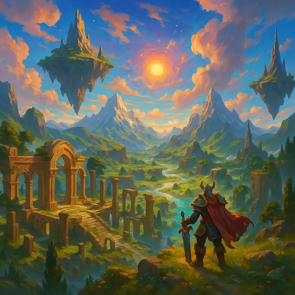 Discover a puzzle with a sweeping fantasy landscape that shows a lone armored hero overlooking sunlit valleys, ancient stone ruins, and floating islands driftin