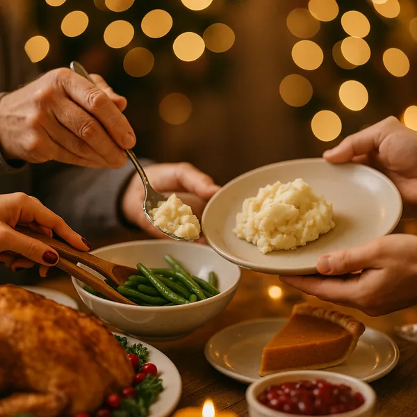Enjoy assembling a puzzle depicting a warm holiday dinner scene with creamy mashed potatoes being served, bright green beans, a golden roasted turkey, and a sli