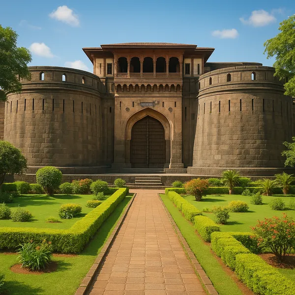 Discover a puzzle with a grand historic stone fortress gate framed by twin rounded bastions, a straight brick path and perfectly trimmed green gardens under a b