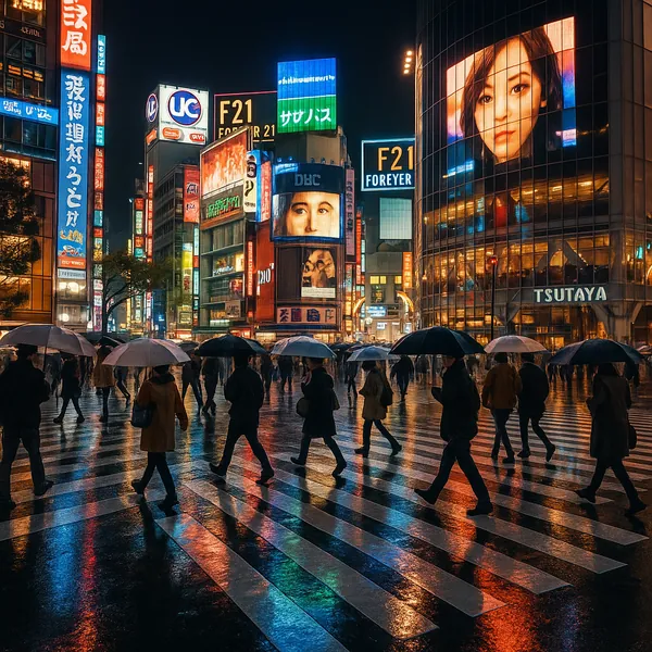 Try solving a puzzle that shows a neon-lit city crosswalk on a rainy night, with rows of umbrellas and glossy reflections stretching across bold zebra stripes.