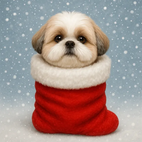 Discover a puzzle with an adorable fluffy puppy peeking out of a bright red Christmas stocking against a soft falling-snow background.