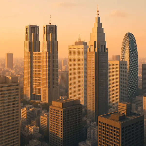 Discover a puzzle with a sweeping city skyline of tall, geometric skyscrapers bathed in warm golden-hour light.