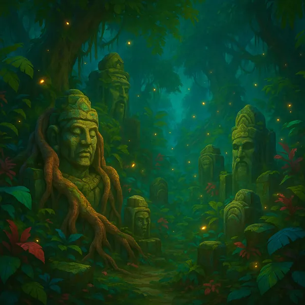 Discover a puzzle with ancient stone faces and weathered statues half-swallowed by a lush, emerald jungle — mossy green and teal hues, rusty roots winding over