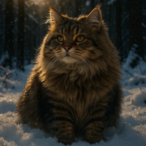 Enjoy assembling a puzzle depicting a majestic, long-haired tabby cat sitting in a snowy forest at golden hour.