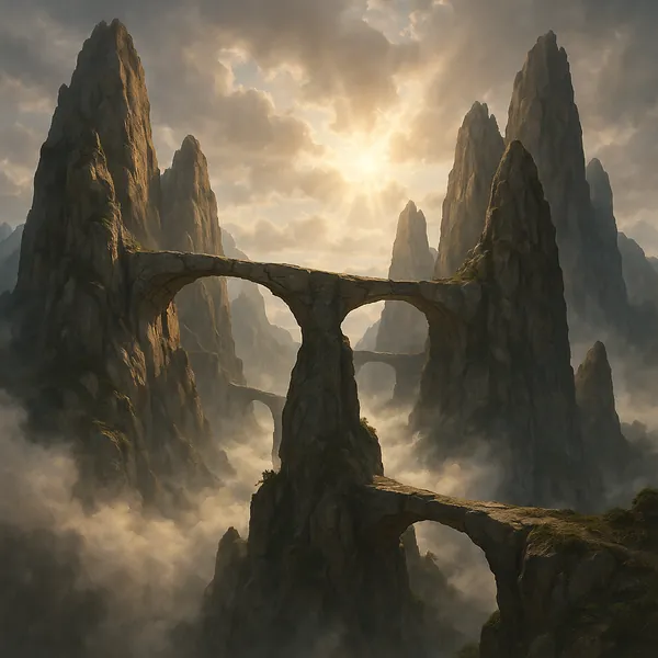 Discover a puzzle with towering, mist-wrapped stone spires connected by ancient, arched bridges as golden sunlight filters through soft clouds.