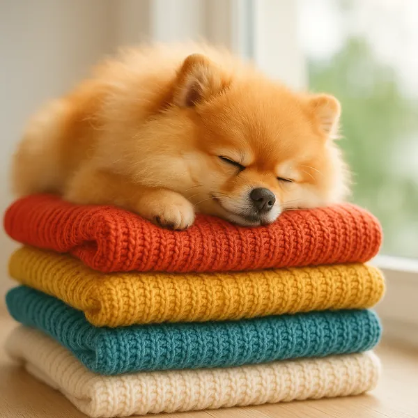 Discover a puzzle with an adorable fluffy puppy gently sleeping atop a neat stack of knitted sweaters.