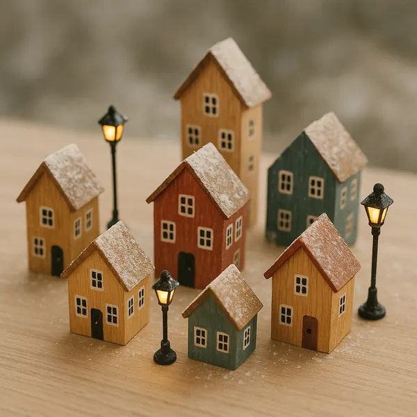 Discover a puzzle with a charming miniature winter village of wooden houses dusted with powdered snow, softly lit by tiny glowing street lamps.