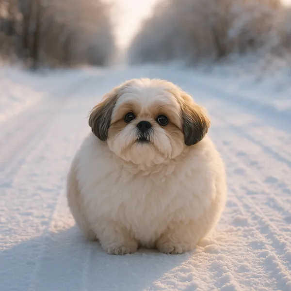 Enjoy assembling a puzzle depicting an adorable fluffy puppy sitting on a snowy road at golden hour.