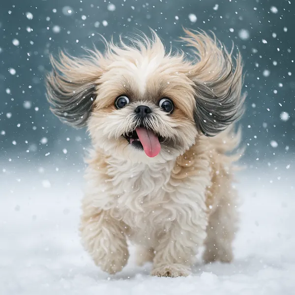 Discover a puzzle with an adorable fluffy puppy bounding through a gentle snowfall, its cream-and-tan fur contrasting warmly against a cool blue-gray winter bac