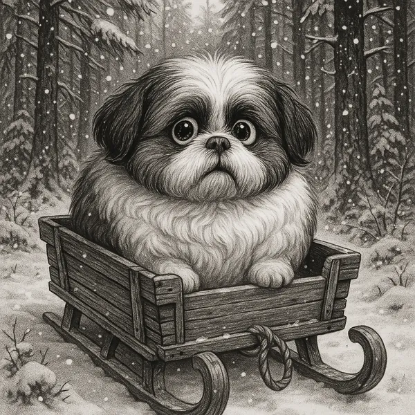 Discover a puzzle with an adorable fluffy pup tucked into a rustic wooden sled amid a softly falling snow in a quiet pine forest.