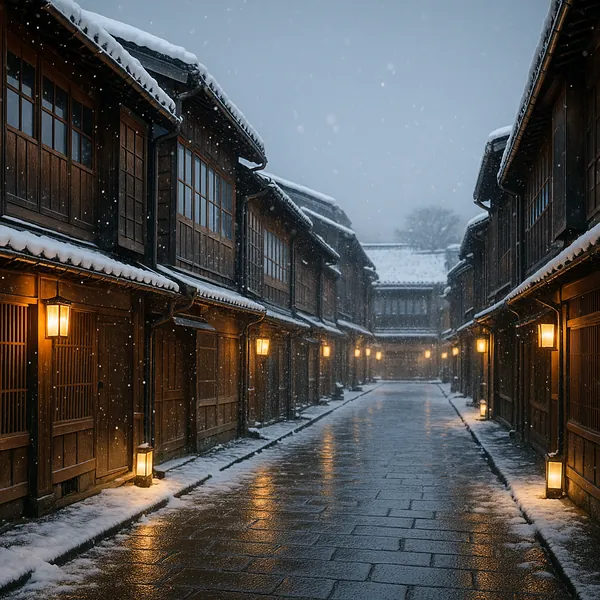 Enjoy assembling a puzzle depicting a quiet, snow-covered historic street lined with warm-glowing lanterns and wooden townhouses.