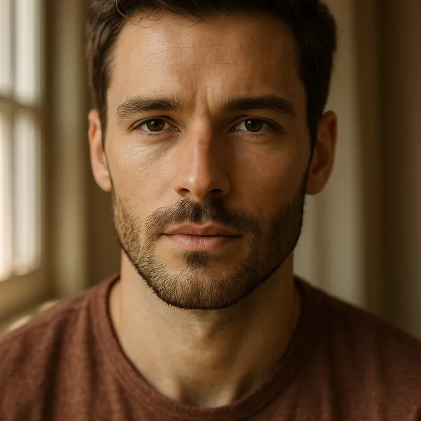 Discover a puzzle with a serene close-up portrait of a man bathed in warm window light.