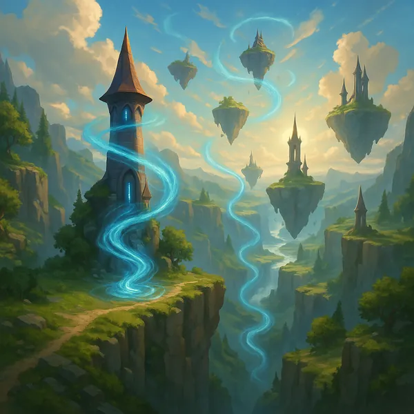 Discover a puzzle with a magical fantasy scene of floating islands and slender stone towers linked by swirling azure ribbons of light.