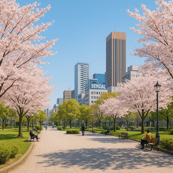 Discover a puzzle with a sunlit city park lined by soft pink cherry blossoms and fresh green trees under a clear blue sky, framed by a modern skyline in the bac