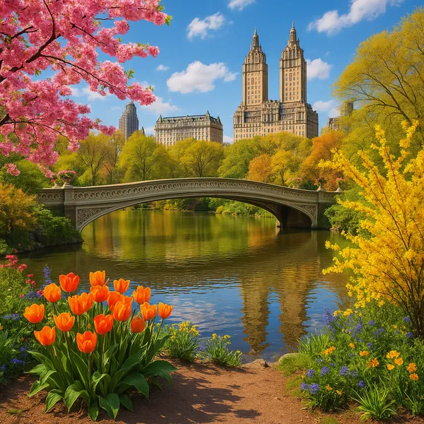 Discover a puzzle with a sunlit park scene featuring a graceful arched bridge spanning a calm reflective lake, framed by vivid orange tulips, pink blossoms, and