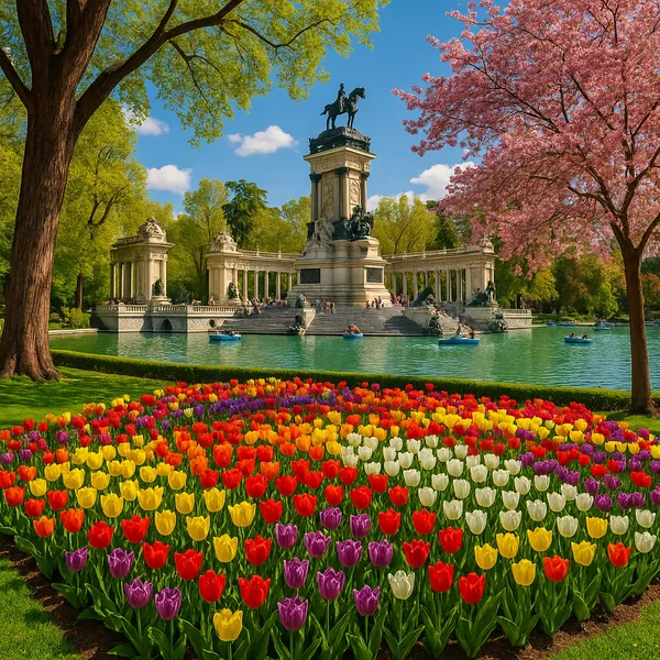 Discover a puzzle with a sunlit spring park scene featuring a grand equestrian monument beside a serene turquoise pond.