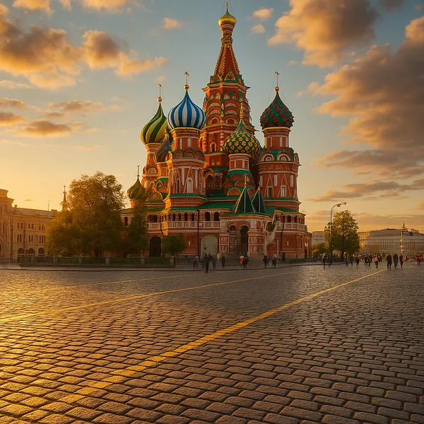 Discover a puzzle with a vibrant, onion-domed cathedral bathed in warm golden sunset light, its jewel-toned domes and ornate patterns rising against a soft, clo