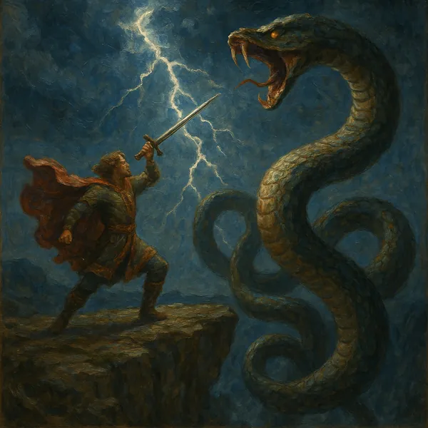 Discover a puzzle with a dramatic fantasy scene of a lone warrior on a rocky ledge raising his sword toward a towering, coiled serpent beneath a crackling, ligh