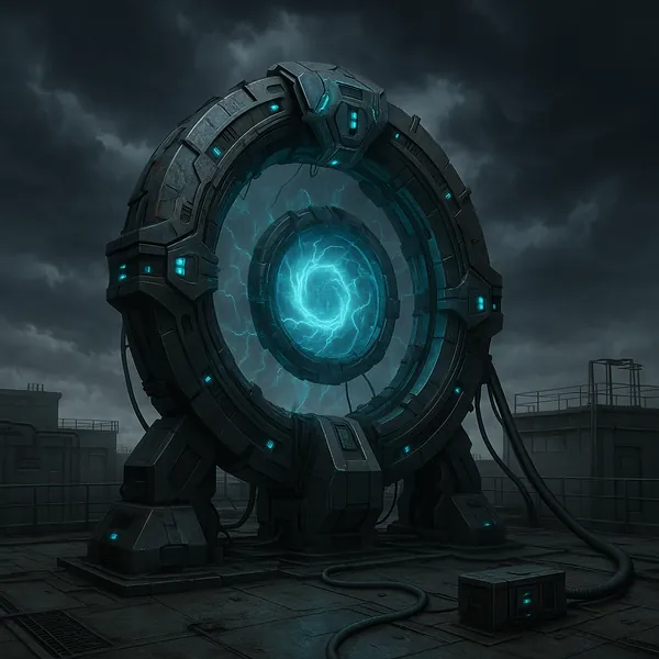 Discover a puzzle with a dramatic sci‑fi portal standing on a stormy rooftop: a large, weathered metallic ring pulsates with swirling teal-blue energy at its ce