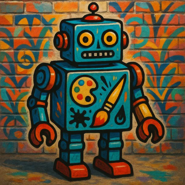 Try solving a puzzle that shows a charming, retro-style robot painted in bold teal, orange, yellow and red against a textured brick wall decorated with colorful