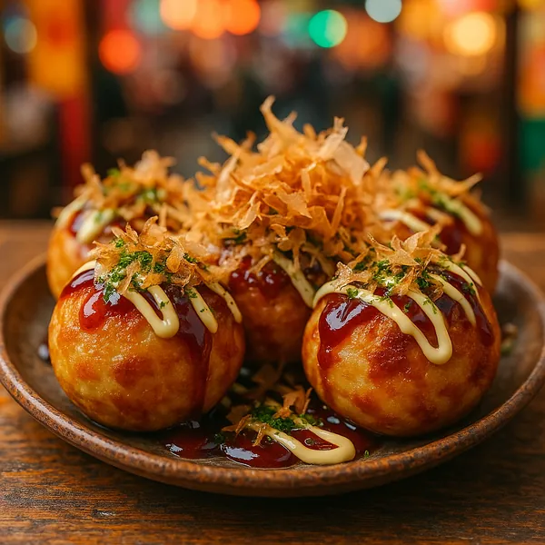 Discover a puzzle with a close-up plate of golden takoyaki—round, glossy balls drizzled with sweet-savory sauce and creamy mayo, topped with green herbs and del