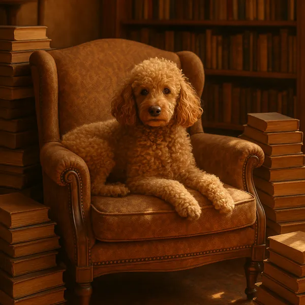 Discover a puzzle with a fluffy apricot poodle lounging on a vintage leather armchair amid stacks of well-loved books in a cozy home library.