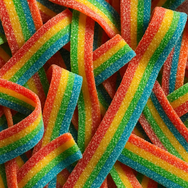 Discover a puzzle with a close-up of rainbow sour belt candy, where vivid bands of red, orange, yellow, green, and blue are dusted in sparkling sugar crystals.