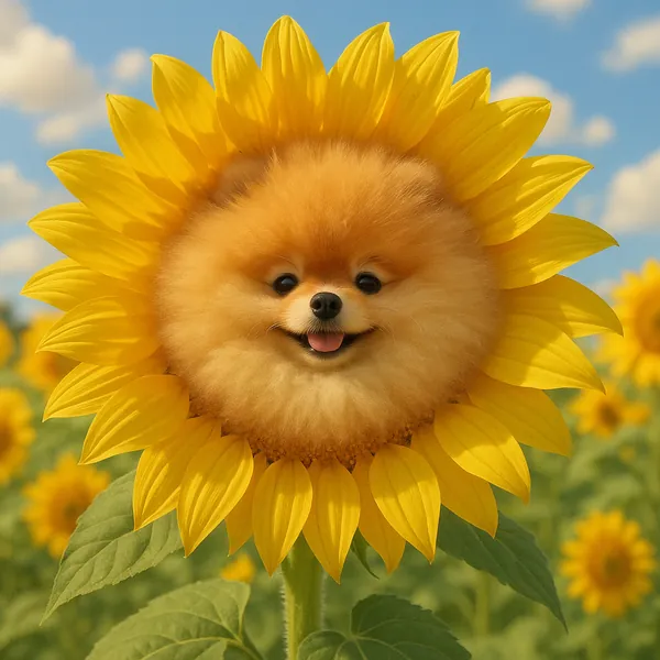 Discover a puzzle with an adorable Pomeranian face nestled in the center of a bright sunflower against a sunny blue sky.