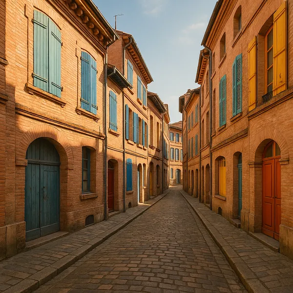 Discover a puzzle with a sunlit, cobblestone street framed by warm terracotta brick buildings and colorful shutters — teal blues, mustard yellows, and burnt-ora