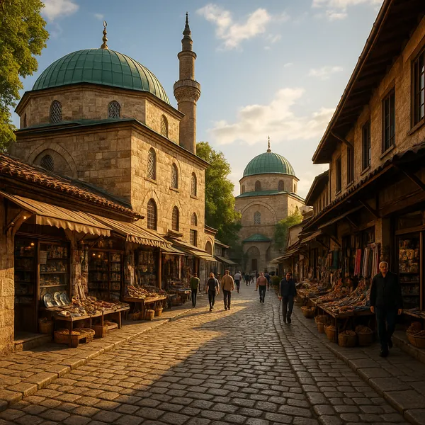 Enjoy assembling a puzzle depicting a sunlit historic bazaar framed by sandstone buildings, green-domed mosques, and a graceful minaret rising into a soft blue
