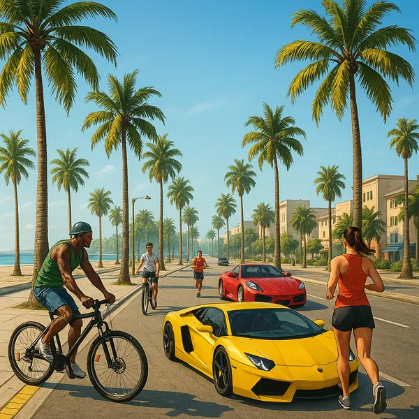 Discover a puzzle with a sunlit coastal boulevard framed by tall, swaying palm trees and a clear blue sky.