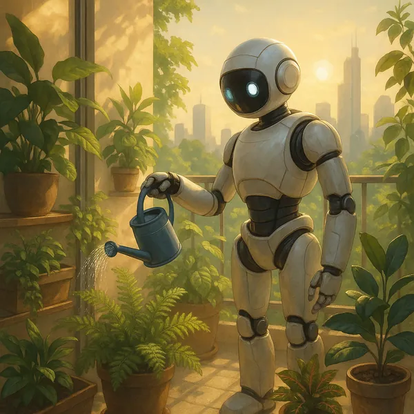 Discover a puzzle with a gentle scene of a friendly robot watering lush potted plants on a sunlit balcony at golden hour.