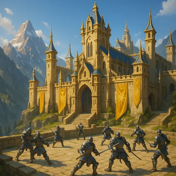 Discover a puzzle with a sunlit medieval castle perched against a towering alpine peak, its golden stone and blue roofs glowing under a clear sky.