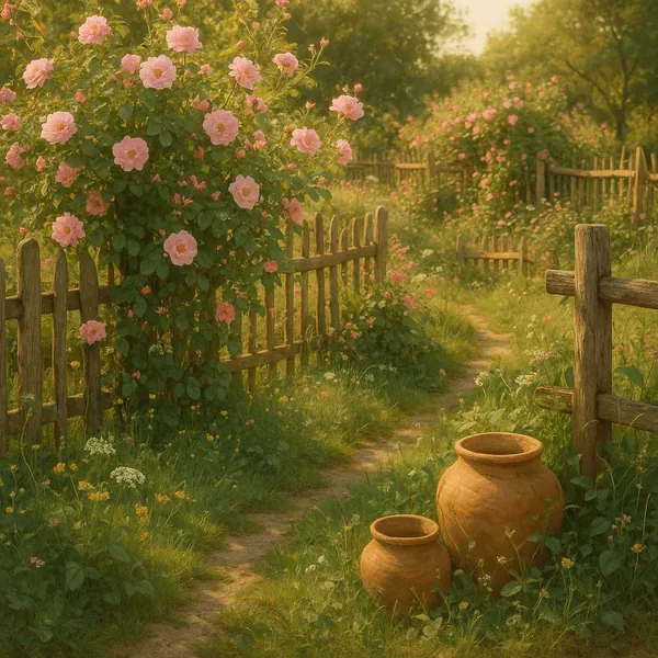 Discover a puzzle with a sunlit cottage garden path winding past a weathered wooden fence and overflowing rose bushes; soft pink blooms, warm golden afternoon l