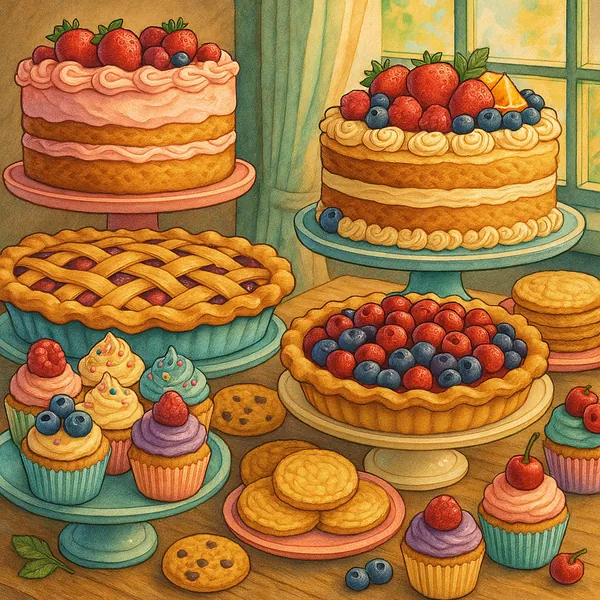 Discover a puzzle with a delightful dessert table overflowing with cakes, berry tarts, lattice pies, frosted cupcakes, cookies, and cheerful fruit in warm paste