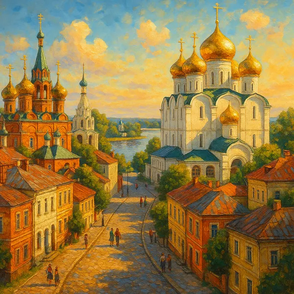 Discover a puzzle with a sunlit riverside town crowned by golden onion domes and charming old brick houses.