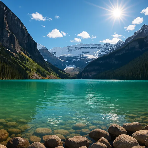 Discover a puzzle with a serene mountain lake scene featuring vivid turquoise water in the foreground, smooth sunlit rocks along the shore, and dense evergreen